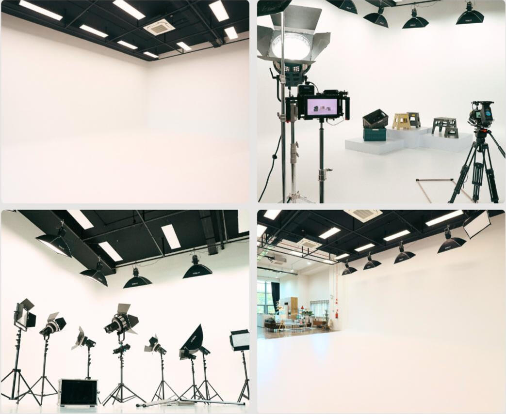 The cyclorama at Aria Atelier, lit and rigged with ceiling grip bars
