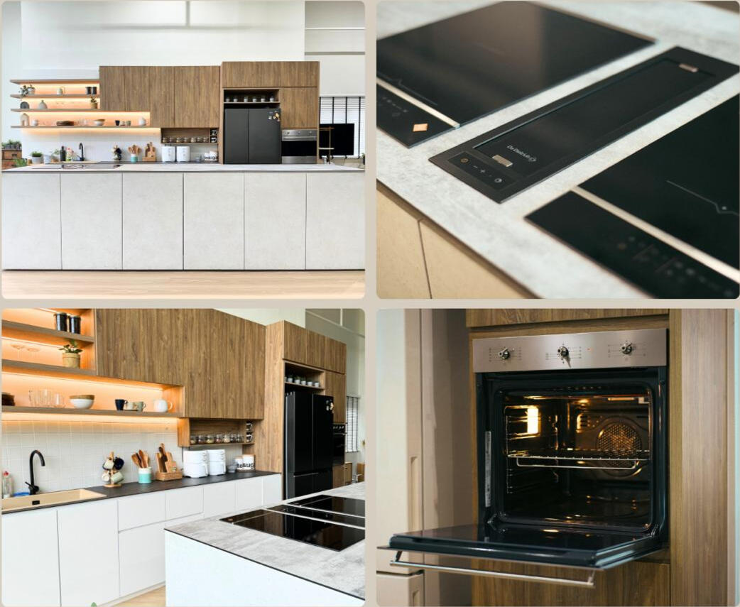 Kitchen studio set with island, hob and integrated appliances